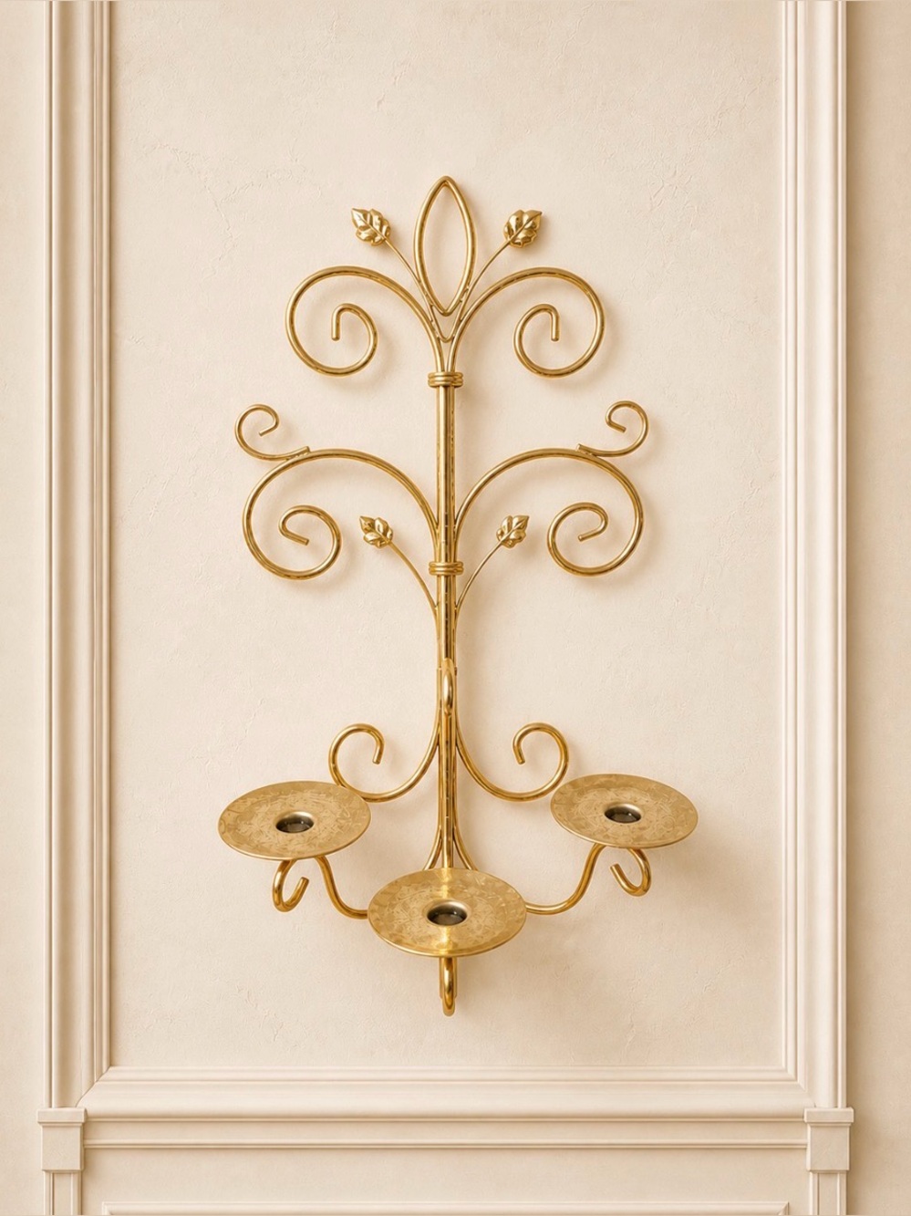 Home Interiors 3 Arm Wall Pillar Candle Sconce MCM Vtg Gold Brass Leaf Swirl VGC
